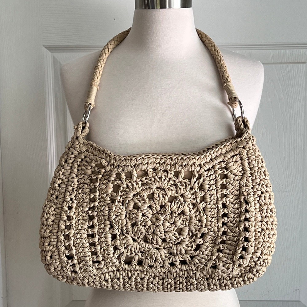 Emma Rose Crochet Straw Summer Handbag Bag Tan Medallion Boho Summer Tassel - Picture 8 of 16